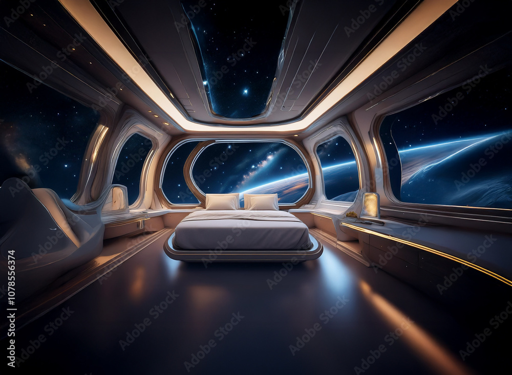 Poster a futuristic bedroom with large windows overlooking a distant planet and a starry sky.