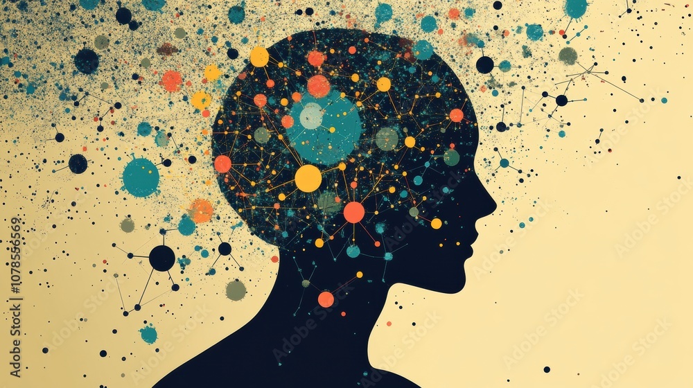 Aufkleber A human silhouette displays a vibrant array of molecules and diagrams, representing the interconnectedness of scientific knowledge and thought. Generative AI