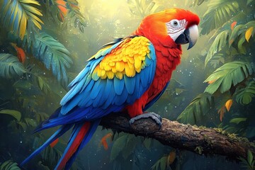 Fototapeta premium Colorful macaw parrot perched on a tree branch in a tropical setting.
