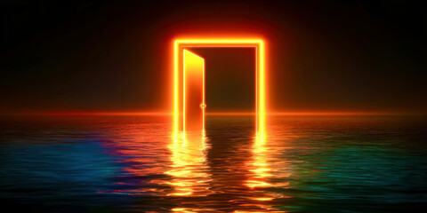 A glowing orange door is in the water