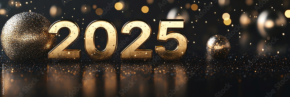 Fototapete solid gold numbers 2025 on a sleek black background with metallic confetti, soft glowing spheres, an