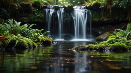 Tranquil waterfall cascading into a serene pool surrounded by lush greenery.