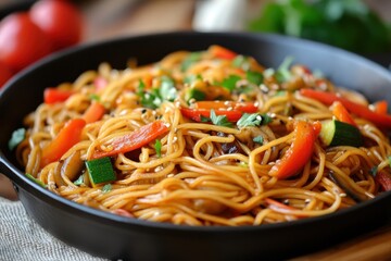 Close-up of stir-fried noodles with vegetables. This photo is perfect for showcasing a delicious and healthy Asian meal.
