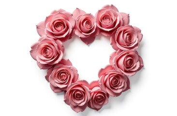 Intertwined roses heart, realist precision, high saturation, beautiful, inspiring, isolated, flat white background