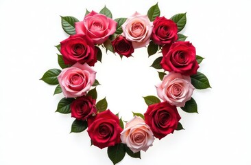 Intertwined roses heart, realist precision, high saturation, beautiful, inspiring, isolated, flat white background