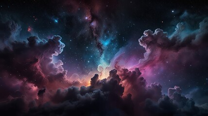 A vibrant nebula with swirling clouds of gas and dust, illuminated by distant stars in a cosmic expanse.