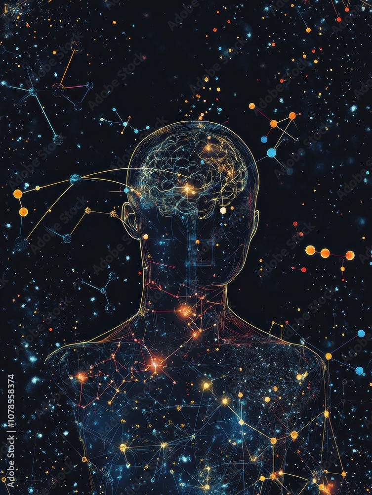 Fototapete a silhouette of a person stands against a backdrop of molecules and diagrams, symbolizing the connec