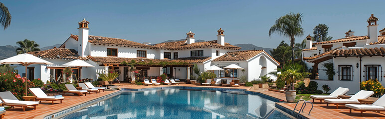 Fototapeta premium Luxurious Spanish Villa with Pool Under Clear Sky Surrounded by Palms and Loungers