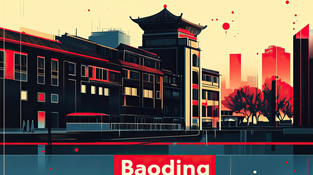 Baoding, China, modern vintage travel poster, wallpaper, background, banner, backdrop, retro card print. Art nouveau, art deco, swiss style and sci fi. Dark, red, blue, white, black