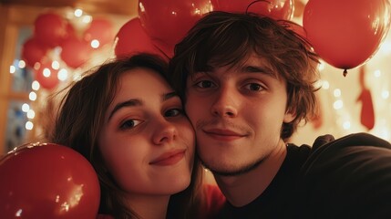 Young Adults Celebrating New Year with Joyful Selfie Surrounded by Balloons and Festive Decorations for a Memorable Celebration Moment