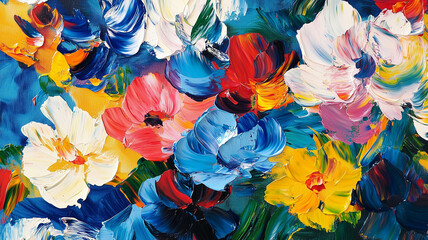 palette with thick strokes of paint in various shades of blue, red, yellow, and green,