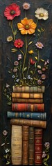 Stack of vintage books with colorful flowers growing out of them.