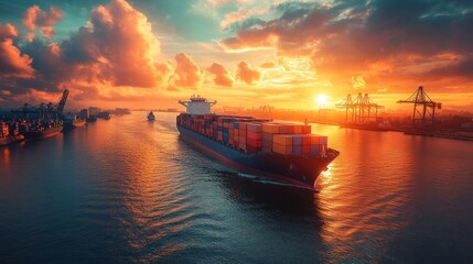 Naklejka premium Cargo ship navigating a port at sunset with industrial cranes.