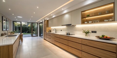 Modern Minimalist Kitchen with Natural Wood Cabinetry and Soft Lighting, Featuring Sleek Countertops, Open Design, and Clean Lines for Contemporary Home Aesthetics