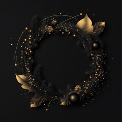 Black background featuring gold embellishments forming an elegant wreath. Includes pine cones, leaves, and metallic gold balls, creating a festive atmosphere for celebrations or special events.