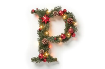 Intertwined christmas decorations letter &ldquo;P&rdquo;, realist precision, high saturation, beautiful, inspiring, isolated, flat white background