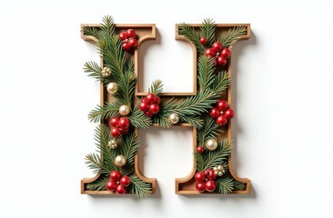 Intertwined christmas decorations letter “H”, realist precision, high saturation, beautiful, inspiring, isolated, flat white background