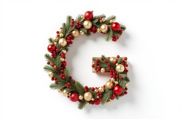 Intertwined christmas decorations letter &ldquo;G&rdquo;, realist precision, high saturation, beautiful, inspiring, isolated, flat white background