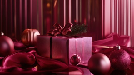 Elegant gift boxes with red Christmas ornaments