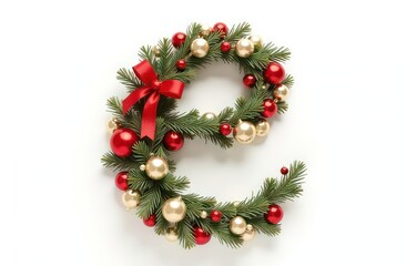 Intertwined christmas decorations letter “E”, realist precision, high saturation, beautiful, inspiring, isolated, flat white background
