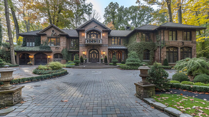 Fototapeta premium Elegant Brick Mansion in Lush Forest Setting with Circular Driveway and Ivy-Covered Facade