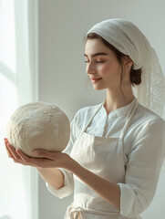 A woman in an apron and white headscarf holds up the dough for a pizza on her hands, against a white background, with backlight, in a side view. This is a high-resolution photograp