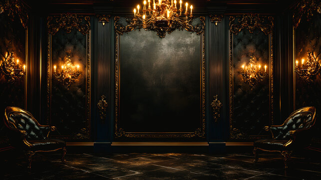 Int&eacute;rieur avec d&eacute;cor baroque noir et lampes allum&eacute;es