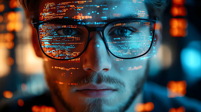 Programmer's Closeup with Code Reflection in Glasses - Realistic Image