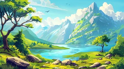 A cartoon illustration of a serene mountain lake with lush green vegetation and a blue sky.