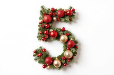 Intertwined christmas decorations number “5”, realist precision, high saturation, beautiful, inspiring, isolated, flat white background