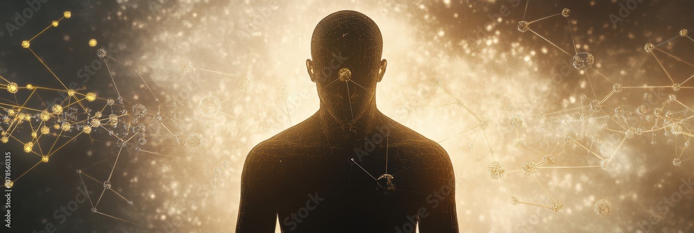 Poster a human silhouette stands against a glowing background filled with molecular structures and diagrams