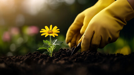 Fototapeta premium Gardener planting flower in soil with yellow gloves