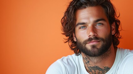 Obraz premium portrait of handsome brutal man 35 years old with tattoo on orange background, Lovelace
