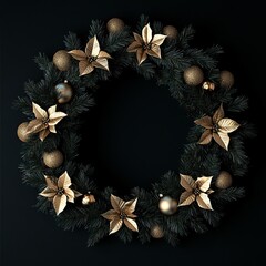 Black background featuring gold embellishments forming an elegant wreath. Includes pine cones, leaves, and metallic gold balls, creating a festive atmosphere for celebrations or special events.