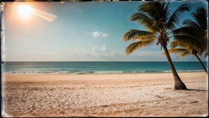 レトロ感漂うビンテージ調のヤシの木と熱帯の砂浜が広がる美しいビーチ。生成AI