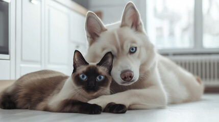 Siberian husky and Siamese cat with matching blue eyes and similar coat colors lying together, symbolizing friendship, harmony, and unique beauty, perfect for themes of companionship, pet love