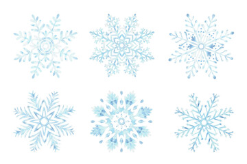 Blue snowflake. Set of Christmas and New Year's festive decorations. Hand drawn watercolor illustrations isolated. Ice stars clipart. Winter holiday background. Template for postcard, print, wrapping.