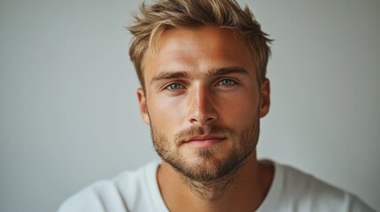 Fototapeta premium portrait handsome blonde European man 30 years old on light background