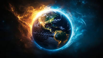 Planet Earth illuminated with fiery and icy energy