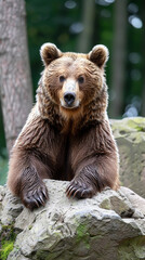 Majestic Brown Bear Resting on Rocky Outcrop in Forested Habitat