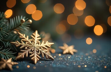 Gold snowflakes on a festive background with bokeh