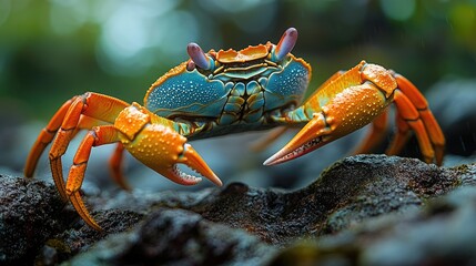 A vibrant orange and blue crab with large claws, perched on a rocky surface with a blurred green background.