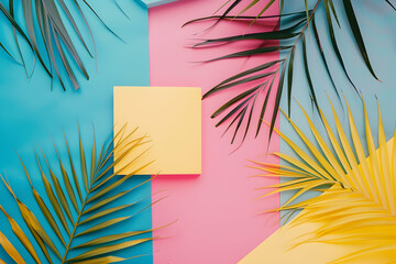 A vibrant background with geometric shapes in pink, blue, and yellow colors, adorned with palm leaves, creating an abstract summer concept.