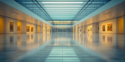 A modern art gallery with illuminated walls and polished floors.
