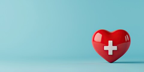 Obraz premium A red heart with a white cross symbolizes health, care, and first aid against a light blue background.