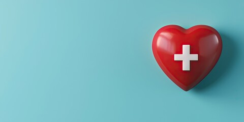 Obraz premium A vibrant red heart with a white cross symbolizes healthcare and compassion against a soft blue background.