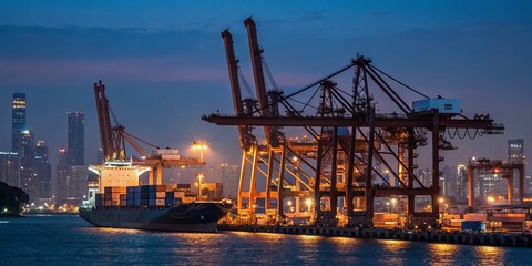 Fototapeta premium Night Photography of a Sea Port Shipping Terminal Crane in Thailand with Illuminated Containers and Vibrant City Lights, Capturing the Essence of Maritime Trade and Logistics Operations
