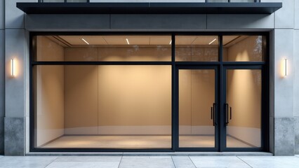 Modern storefront mockup with a sleek glass window design, ready for custom logos and branding.