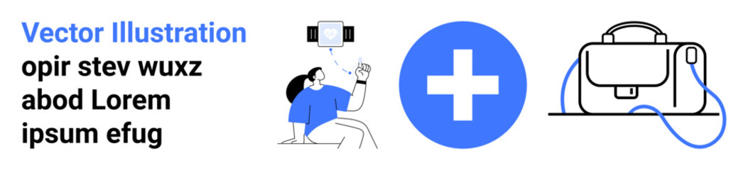 Healthcare worker taking selfie with smartphone. Large medical cross. Stylish bag with strap. Ideal for healthcare, medical apps, tech, social media, fashion, web design, marketing. Landing page