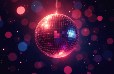 The disco ball sparkles, and colorful lights dance, creating a lively party atmosphere at night.